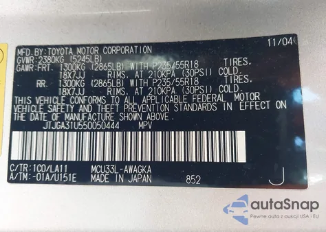 2005 Lexus Rx 330 from USA, damaged, VIN JTJGA31U550050444